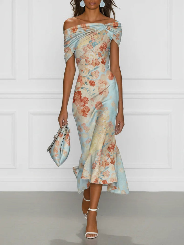 Vittoria - Midi Mermaid Φόρεμα Χωρίς Μανίκια με Off-Shoulder και Μπλε Λουλούδια