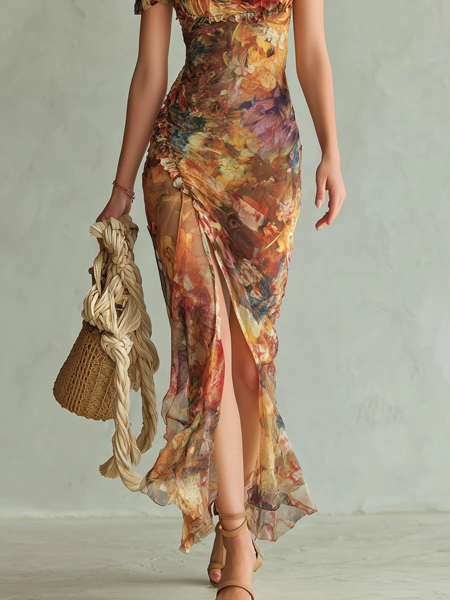 Saffron™ | Μάξι Φόρεμα με Εκτύπωση Ελαιογραφίας Bohemian
